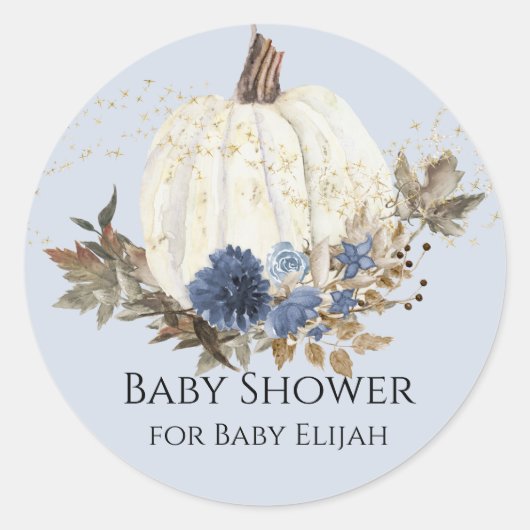 Dusty Blue Navy Floral White Pumpkin Baby Dusche Runder Aufkleber (Vorderseite)