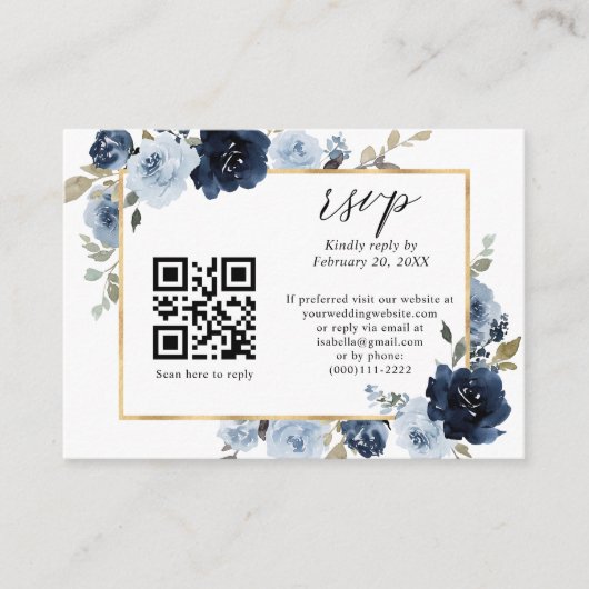 Dusty Blue Navy Gold Floral QR Code Wedding RSVP Begleitkarte (Vorderseite)