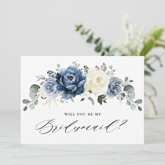 Dusty Blue Navy Greenery Werden Sie meine Bridesma Einladung (Stehend Vorderseite)