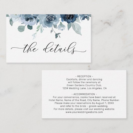 Dusty Blue Navy Pastel Blume Hochzeitdetails Begleitkarte (Vorne/Hinten)