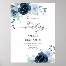 Dusty Blue Navy Pastel Boho Floral Wedding Willkom Poster