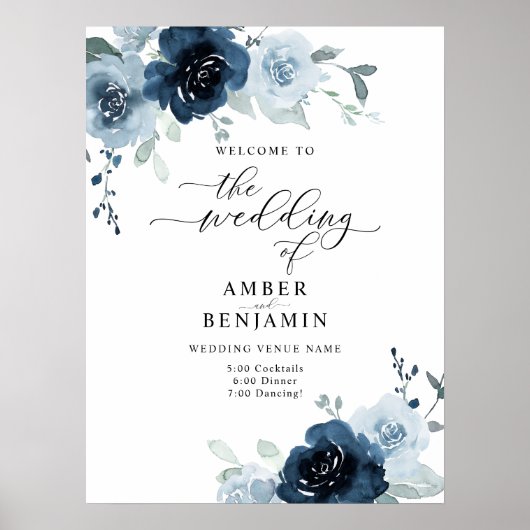 Dusty Blue Navy Pastel Boho Floral Wedding Willkom Poster (Vorne)