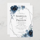 Dusty Blue Navy Pastel Silver Foil Floral Wedding Einladung (Vorne/Hinten)