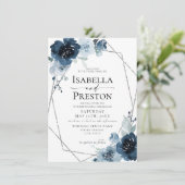 Dusty Blue Navy Pastel Silver Foil Floral Wedding Einladung (Stehend Vorderseite)