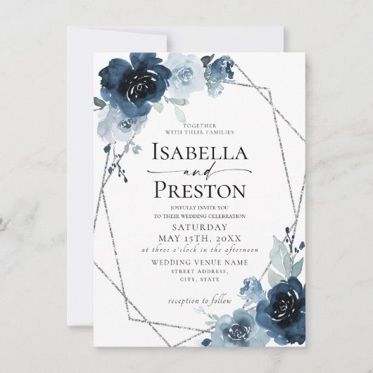 Dusty Blue Navy Pastel Silver Foil Floral Wedding Einladung (Vorderseite)