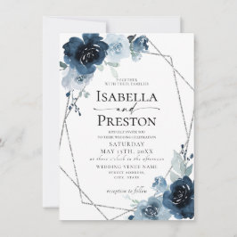 Dusty Blue Navy Pastel Silver Foil Floral Wedding Einladung