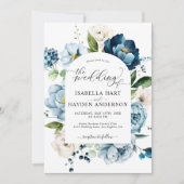 Dusty Blue Navy Peony All in 1 QR Code Hochzeit Einladung (Vorderseite)