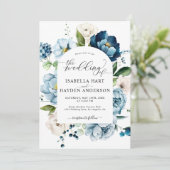 Dusty Blue Navy Peony All in 1 QR Code Hochzeit Einladung (Stehend Vorderseite)