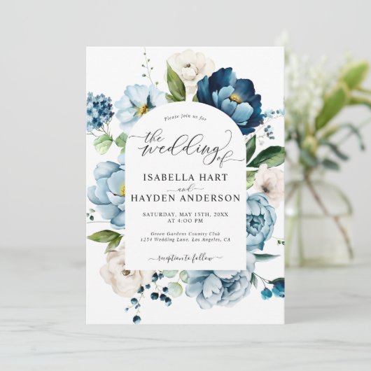 Dusty Blue Navy Peony All in 1 QR Code Hochzeit Einladung (Stehend Vorderseite)