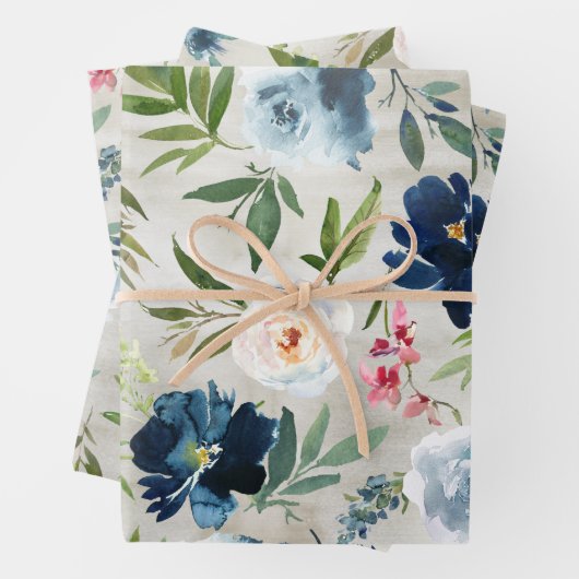 Dusty Blue & Navy Peony Blumengarten Geschenkpapier Set (Beispiel)