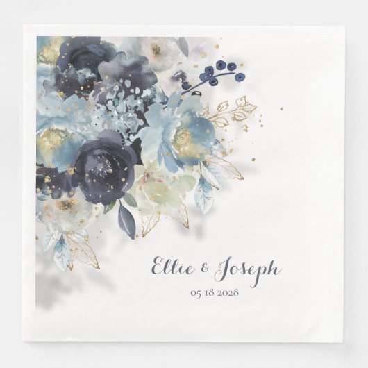 Dusty Blue Navy Peony Sparkling Gold Floral Serviette (Vorderseite)