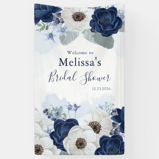 Dusty Blue Navy Script Floral Brautparty Banner (Vertikal)