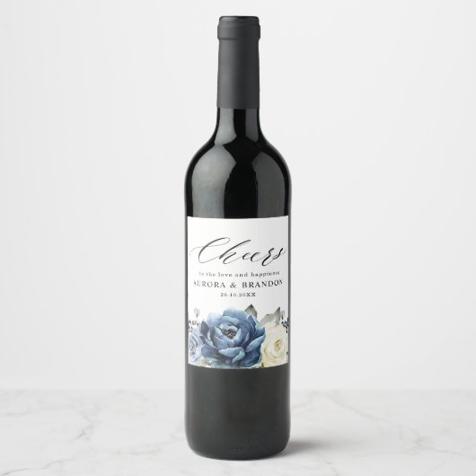 Dusty Blue Navy Sparkling Wein Elfenbeinblume Wedd Weinetikett (Vorderseite)