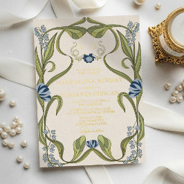 Dusty Blue Navy Vintage Art Nouveau Floral Wedding Folieneinladung
