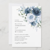 Dusty Blue Navy Watercolor Floral Elegant Wedding Einladung (Vorderseite)