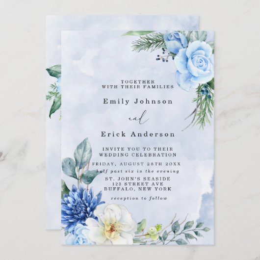 Dusty Blue Navy Watercolor Peonies Wedding Einladung (Vorne/Hinten)