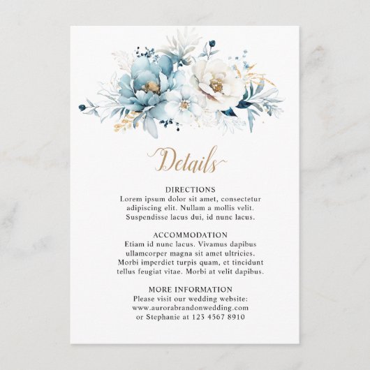 Dusty Blue Navy White Ivory Gold Floral Wedding Begleitkarte (Vorderseite)