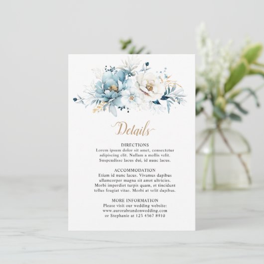 Dusty Blue Navy White Ivory Gold Floral Wedding Begleitkarte (Stehend Vorderseite)