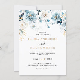 Dusty Blue Navy White Ivory Gold Floral Wedding Einladung
