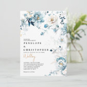 Dusty Blue Navy White Ivory Gold Floral Wedding Einladung (Stehend Vorderseite)