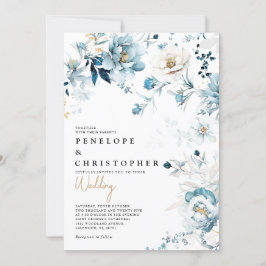 Dusty Blue Navy White Ivory Gold Floral Wedding Einladung