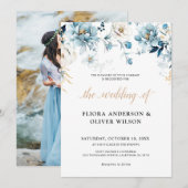 Dusty Blue Navy White Ivory Gold Floral Wedding Einladung (Vorne/Hinten)