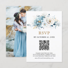 Dusty Blue Navy White Ivory Gold Floral Wedding RS RSVP Karte