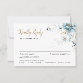 Dusty Blue Navy White Ivory Gold Floral Wedding RS RSVP Karte