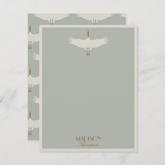 Dusty Blue Neutral Birds Swans Art Deco Monogram Mitteilungskarte (Vorne/Hinten)