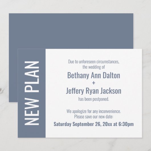 Dusty Blue New Plan, verzögerte Hochzeitkarte Einladung (Vorne/Hinten)