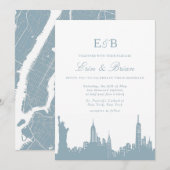Dusty Blue NYC Skyline Stadt Hochzeit Einladung (Vorne/Hinten)