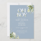 Dusty Blue Oh Boy Greenery QR Code Baby Shower Einladung (Vorderseite)