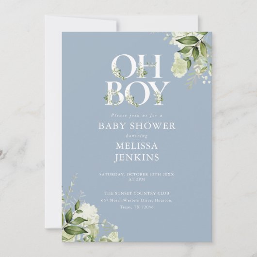 Dusty Blue Oh Boy Greenery QR Code Baby Shower Einladung (Vorderseite)