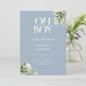 Dusty Blue Oh Boy Greenery QR Code Baby Shower Einladung (Stehend Vorderseite)