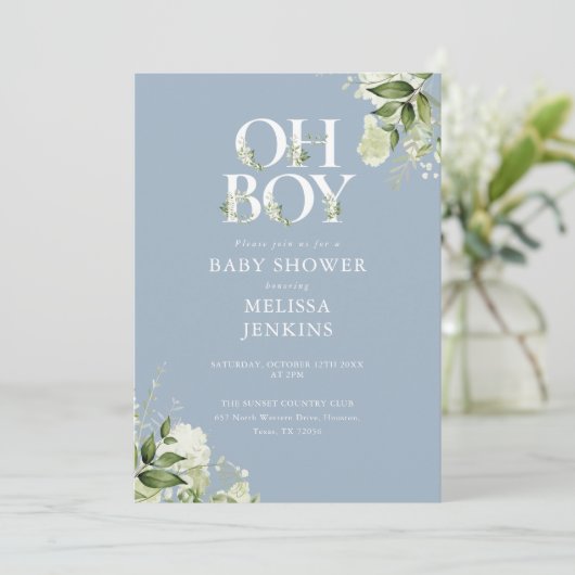 Dusty Blue Oh Boy Greenery QR Code Baby Shower Einladung (Stehend Vorderseite)