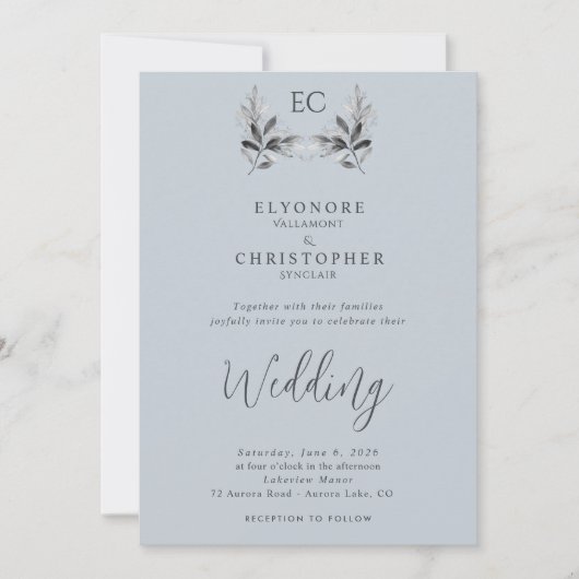 Dusty Blue Olive Branch Monogram Photo Wedding  Einladung (Vorderseite)