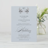Dusty Blue Olive Branch Monogram Photo Wedding Einladung (Stehend Vorderseite)