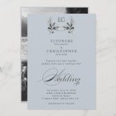 Dusty Blue Olive Branch Monogram Photo Wedding Einladung (Vorne/Hinten)