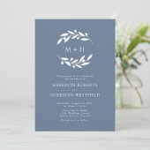 Dusty Blue Olive Branch Monogram Wreath Wedding Einladung (Stehend Vorderseite)