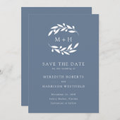 Dusty Blue Olive Branch Monogram Wreath Wedding Save The Date (Vorne/Hinten)
