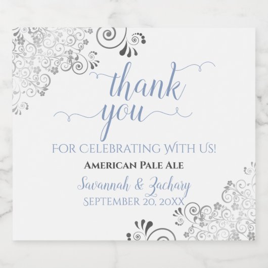 Dusty Blue on White Silver Lace Wedding Vielen Dan Bierflaschenetikett (Einzelnes Label)