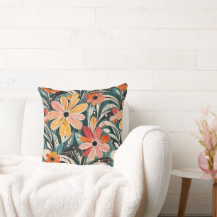 Dusty Blue & Orange Vintag Modern Floral Kissen