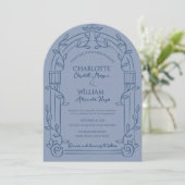 Dusty Blue Ornate Arch Botanical Wedding Einladung (Stehend Vorderseite)