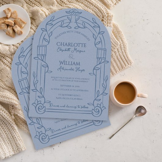 Dusty Blue Ornate Arch Botanical Wedding Einladung