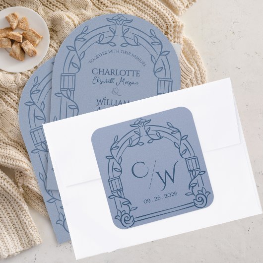 Dusty Blue Ornate Arch Botanical Wedding Quadratischer Aufkleber