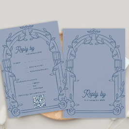 Dusty Blue Ornate Arch Botanical Wedding Reply RSVP Karte