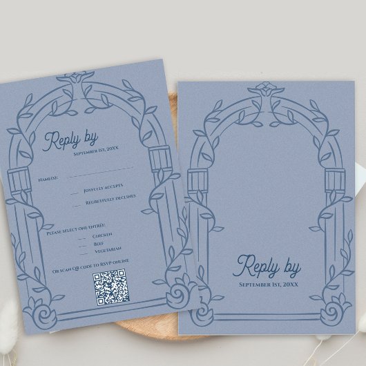 Dusty Blue Ornate Arch Botanical Wedding Reply  RSVP Karte