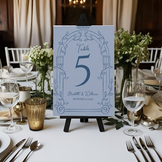 Dusty Blue Ornate Arch Wedding Table Number Card Dankeskarte