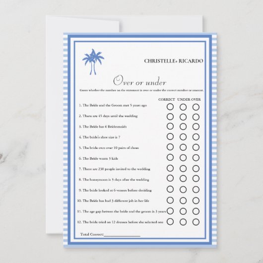 Dusty Blue Over oder unter Brautparty Game Card Ankündigung (Vorderseite)