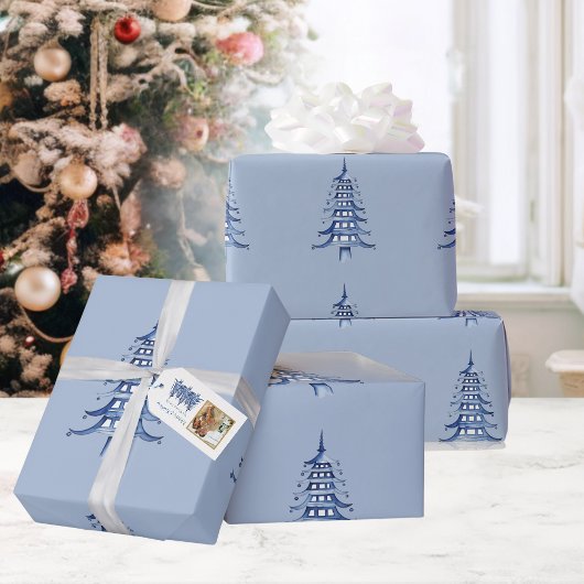 Dusty Blue Pagoda Weihnachtsbaum Muster Wrapping Geschenkpapier
